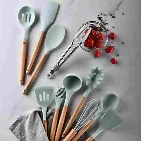 12-Piece Silicone Kitchen Utensil Set High Quality Non-Stick with Wooden Handles