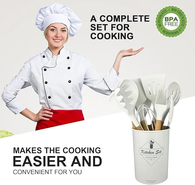 12-Piece Silicone Kitchen Utensil Set High Quality Non-Stick with Wooden Handles