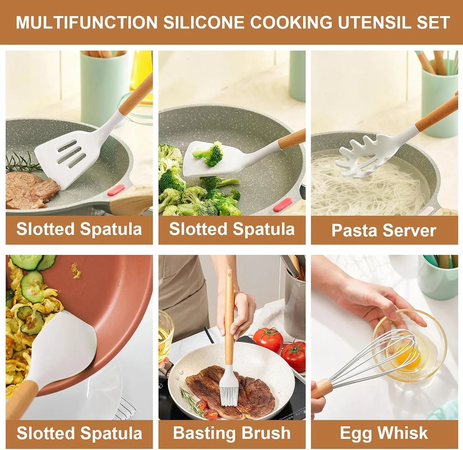 12-Piece Silicone Kitchen Utensil Set High Quality Non-Stick with Wooden Handles