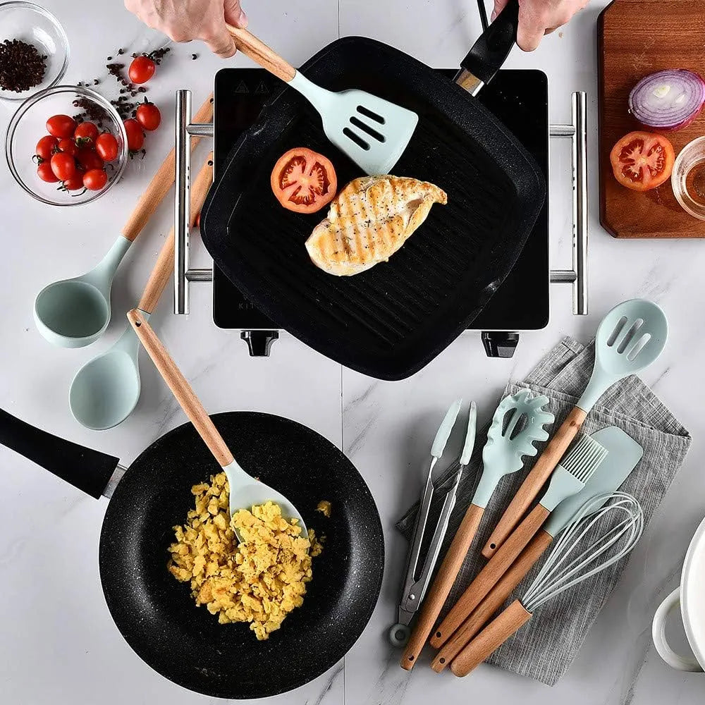 12-Piece Silicone Kitchen Utensil Set High Quality Non-Stick with Wooden Handles