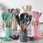 12-Piece Silicone Kitchen Utensil Set High Quality Non-Stick with Wooden Handles