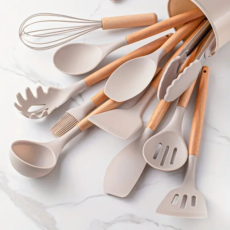 12-Piece Silicone Kitchen Utensil Set High Quality Non-Stick with Wooden Handles